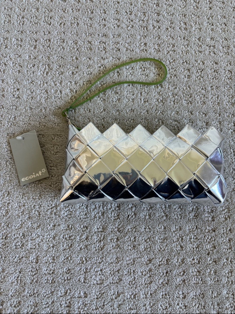 Ecoist Silver Quilted Wristlet Clutch with Green Strap